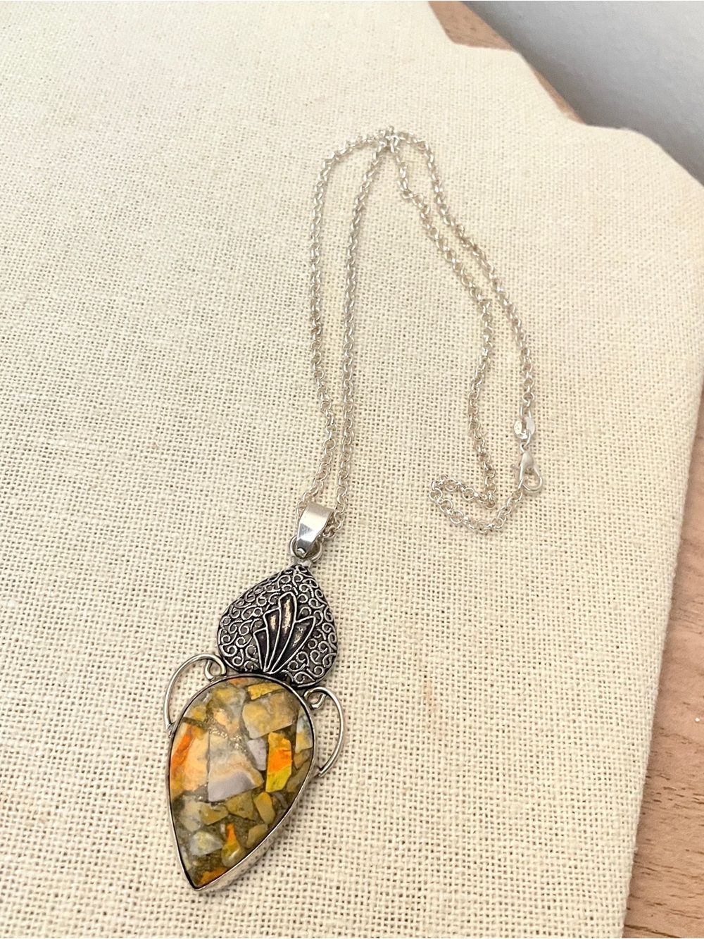 Sterling Silver Teardrop Mosaic Jasper Pendant Necklace in Yellow-Orange